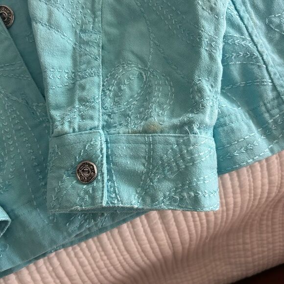 Studio Works Women’s Turquoise Blue Embellished Jacket 100% Cotton Size Large - Picture 13 of 14